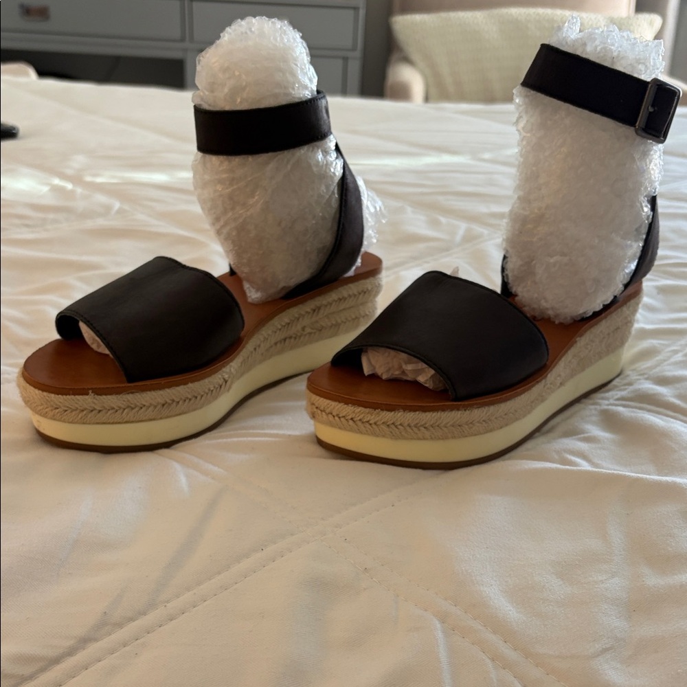 Lucky Brand Black Leather Espadrille Wedge Sandals